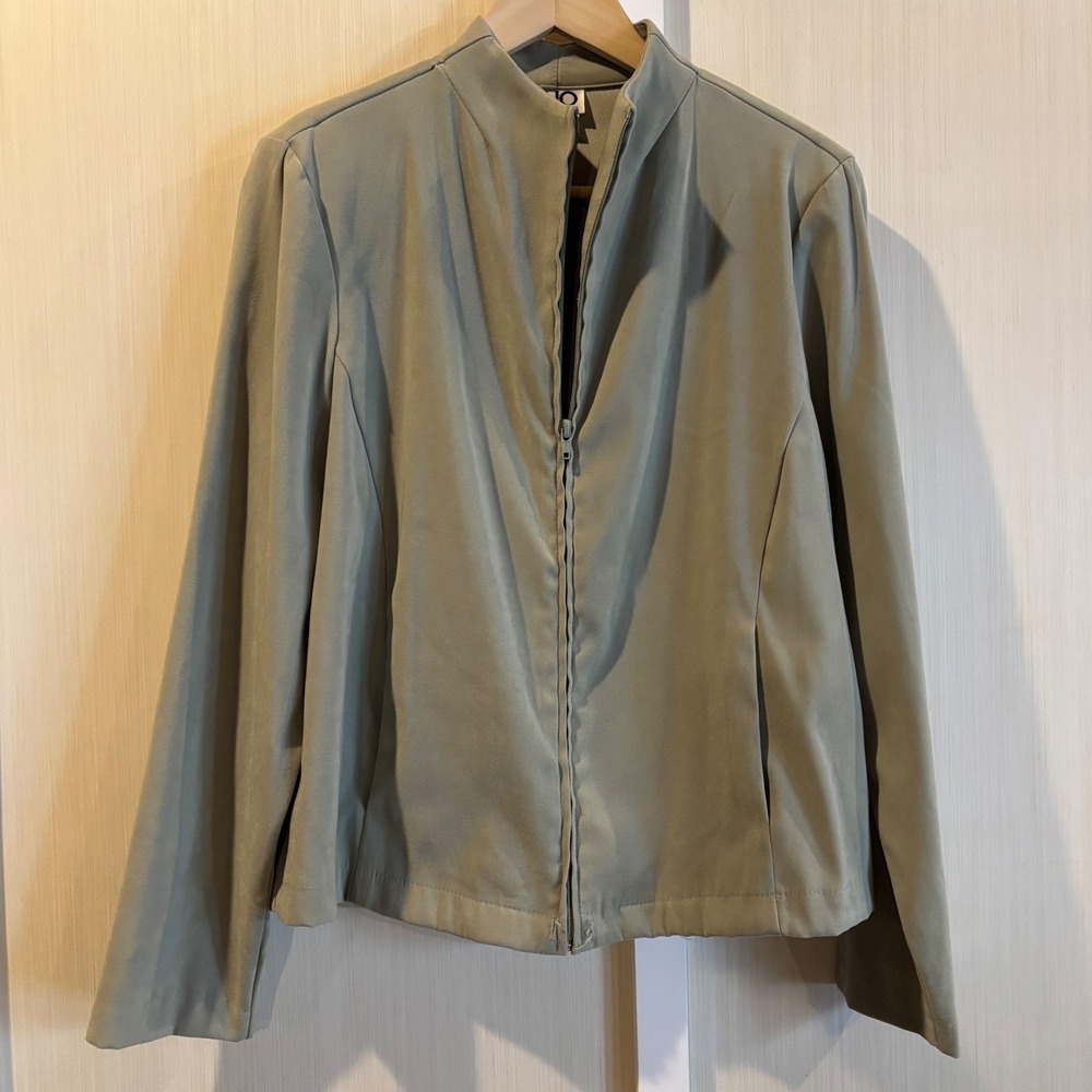Clio Zip Front Jacket Women L Suede Sage Green Mock Neck Made in USA Classy Chic